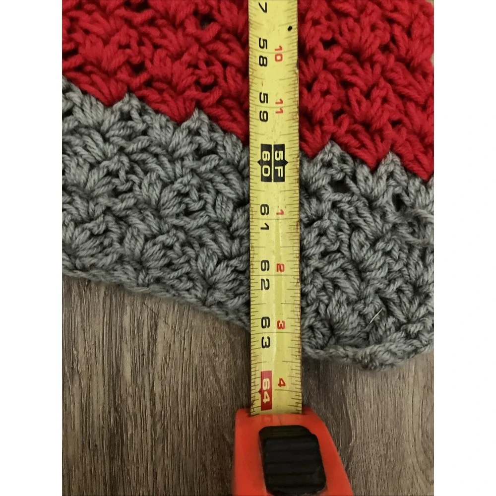 , red, gray crochet blanket. Approx 63X37 Inches